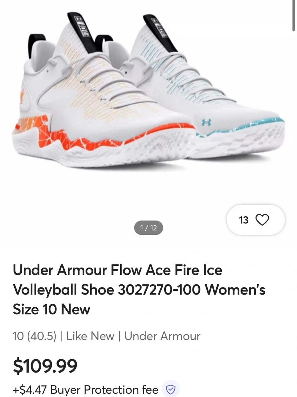 Under Armour Womens White Volleyball Shoes with Blue and Orange Accents